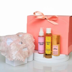 Rose Quartz Spa Gift Set for Women | 4-Piece Skincare Self-Care Kit | Crystal Gem Eye Mask, Hydrating Rose Petal Serum, & 5oz Lemon Coco Oil | Natural Beauty Treatment Kit